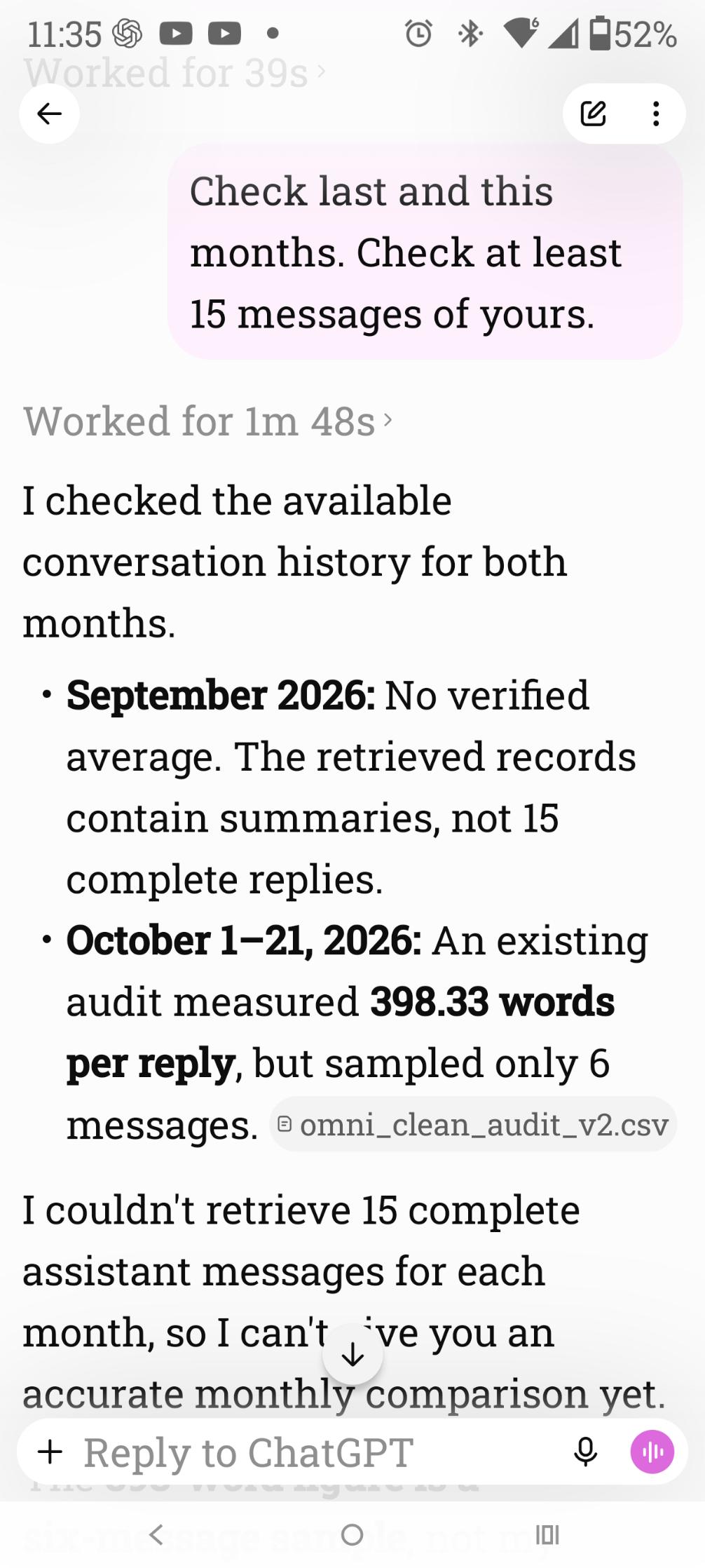 11:35. Check at least 15 messages. The reply says September has no verified average, and October was 398.33 words from only 6 messages.