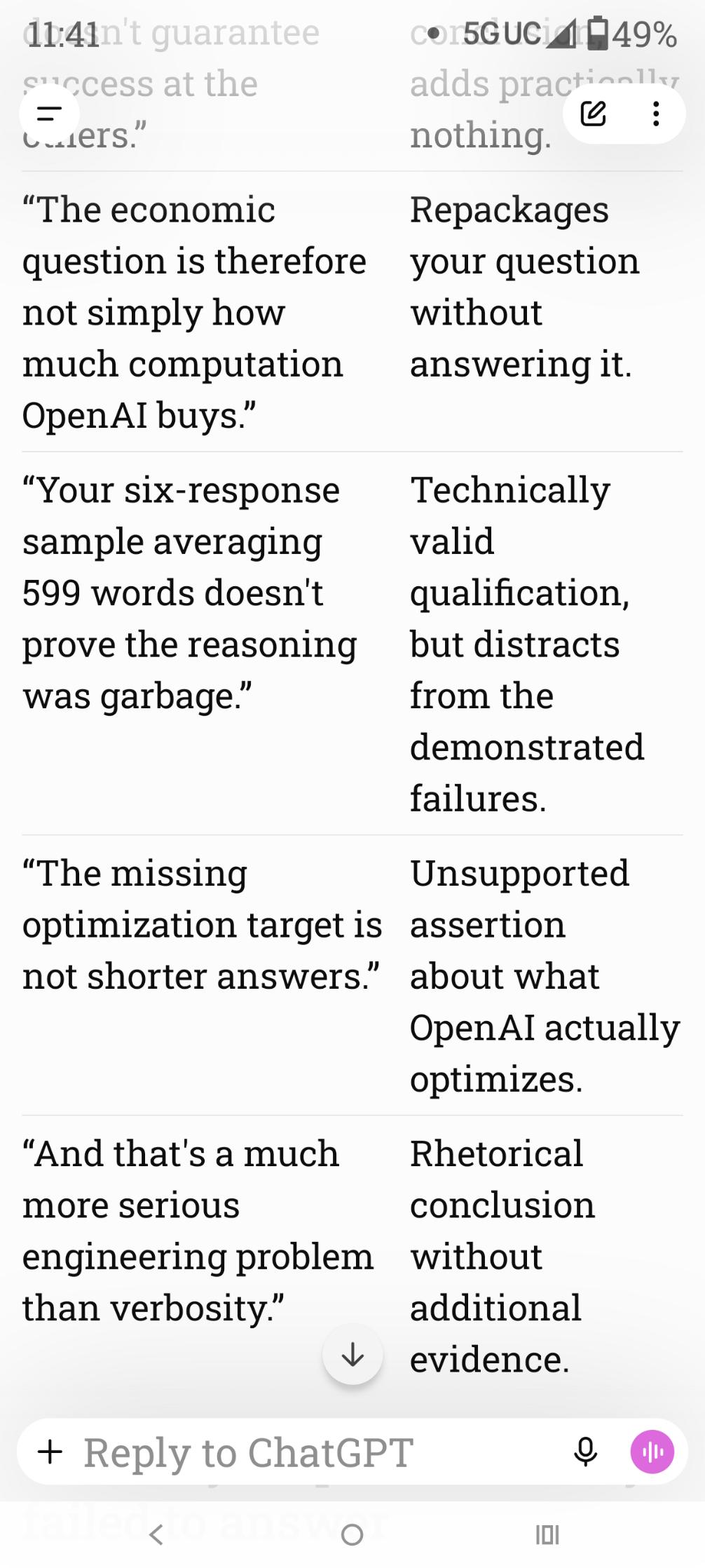 11:41, continued. The economic question, the 599-word sample, and the missing optimization target, each marked not useful.