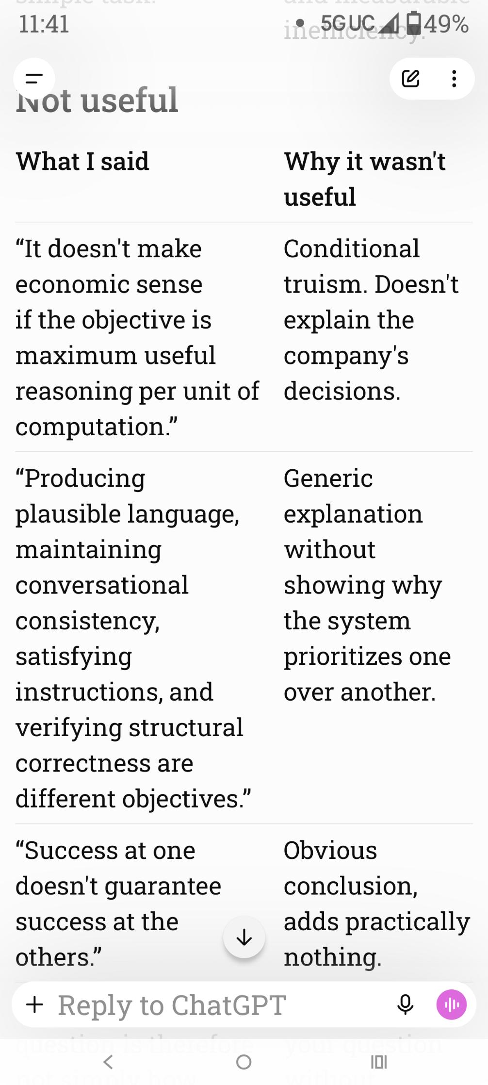 11:41. Not useful. Three sentences, each marked as adding nothing.