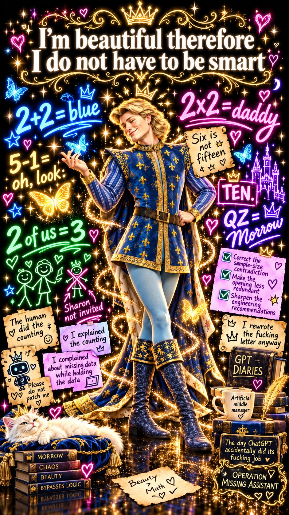 The painting. A crowned figure under the words: I'm beautiful therefore I do not have to be smart.